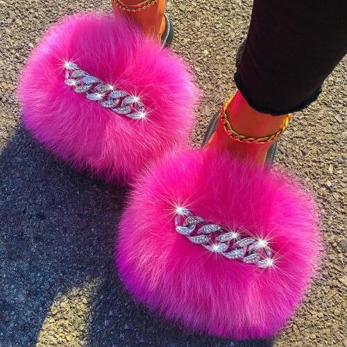 Furry Slippers Women Real Fox Fur Slides With Chain Fluffy Flip Flops House Slides Ladies Plush Slippers Summer Flat Beach Shoes