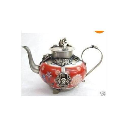 Tibetan Silver Refined Tibet Red Porcelain Silver Lion/Phenix Tea Pot fast shipping tools wedding Decoration Brass