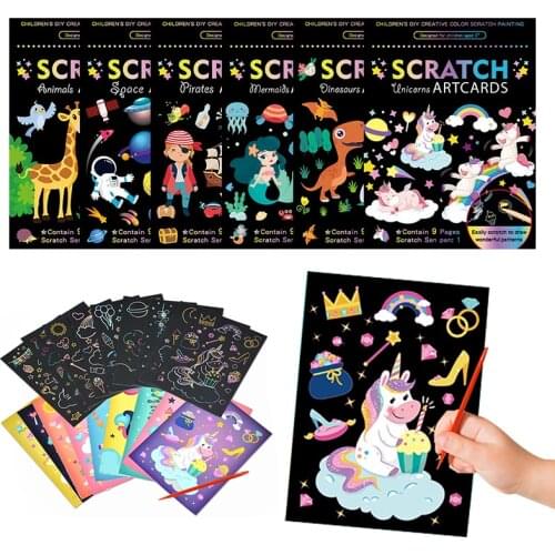 Magic Scratch Painting Art Paper Card Cute Cartoon Rainbow Dinosaur Unicorn Drawing Stick Kid Learning Toys Boys Girls Gift