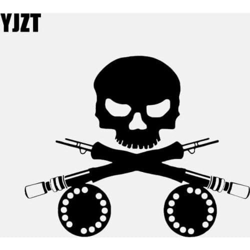 YJZT 15.9CM*12.9CM Car Sticker Fly Fishing Rod Skull Bait Decal Vinyl Decor Black/Silver C24-0908