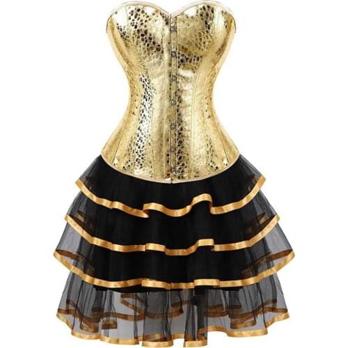 Faux Leather Overbust Bustier Corset Dresses for Women Skirt Tutu Set Gothic Corselet Plus Size Burlesque Costume Sexy Party