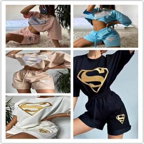 2021 Womens Summer Fashion Chest Pattern Top Sexy Open Waist Elastic Straight Pants Sports Casual Shorts T-Shirt Set