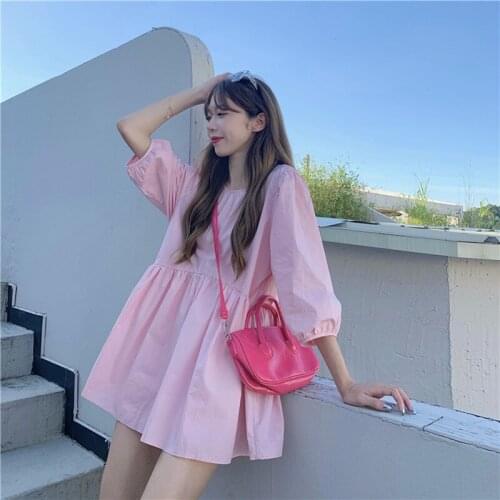 Mini Dress 2021 Women Three Quarter Sleeve O-Neck Solid Loose Draw string Summer Sweet Korean Casual Strap Femme Vestidos Pink