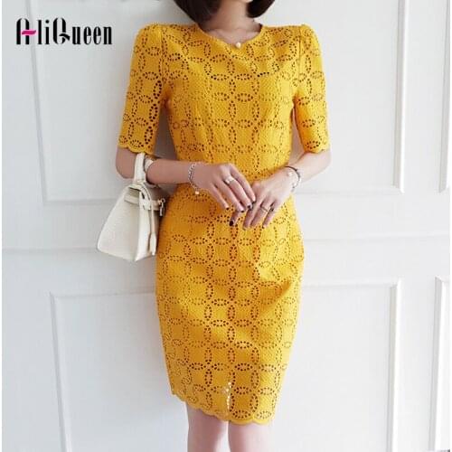 Women Summer 2020 Casual Yellow Vintage Lace Hollow Out Midi Dresses Elegant Female Vintage White Sexy Party Dresses Vestidos