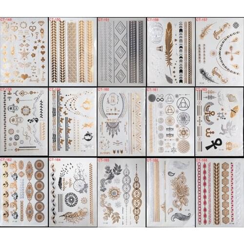 15pcs/lot Waterproof Flash Tattoo Non-toxic Temporary Tattoo Sticker Take These Metallic And Gold Jewelry Tattoos