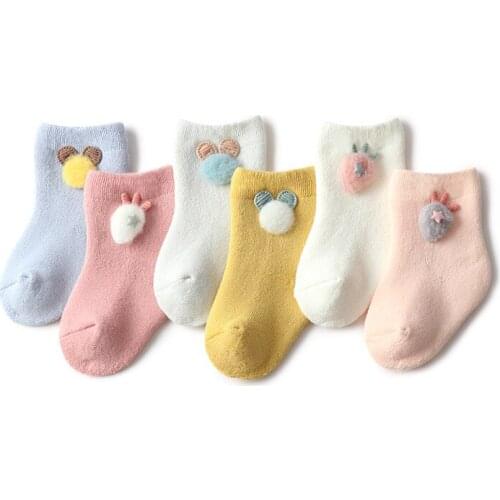 3 Pairs/Lot Cute Baby Socks Terry Cartoon Baby Socks Doll Solid Color Newborn Socks Loose Mouth Childrens Socks