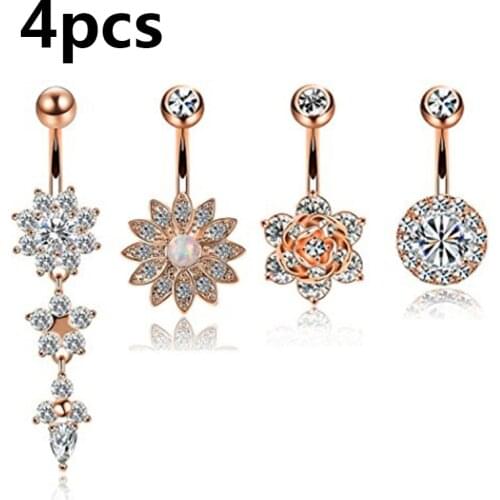 4pcs/set Sexy Dangle Belly Bars Belly Button Rose Rings Belly Piercing CZ Crystal Flower Body Jewelry Navel Piercing Rings