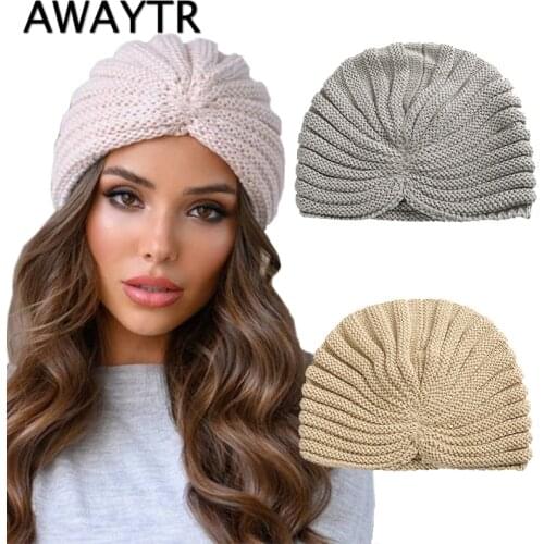 AWAYTR Women New Knotted Bandanas Turban Winter Knit Turban Cap Center Cross Hair Scarfs Boho Warm Headband Muslim Hat