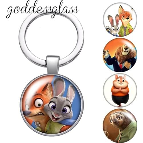 Disney zootopia Nick Fox Judy Zootropolis glass cabochon keychain Bag Car key chain Ring Holder Charms keychains gift