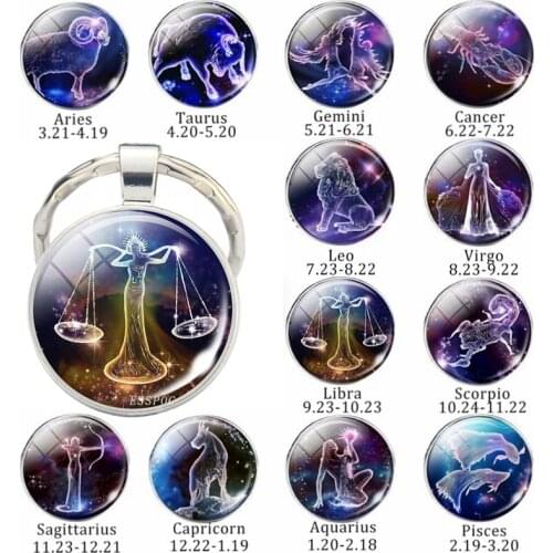 Zodiac Keychain 12 Zodiac Signs Constellations Glass Cabochon Keychain Zodiac Jewelry Birthday Gifts to Best Friends Men Women