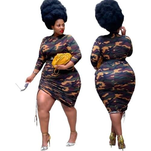 Cutubly Lace Up Pleated Midi Dress Summer 2021 Sheath Camouflage Print Long Sleeve Dresses Fashion O Neck Sexy Club Party Dress