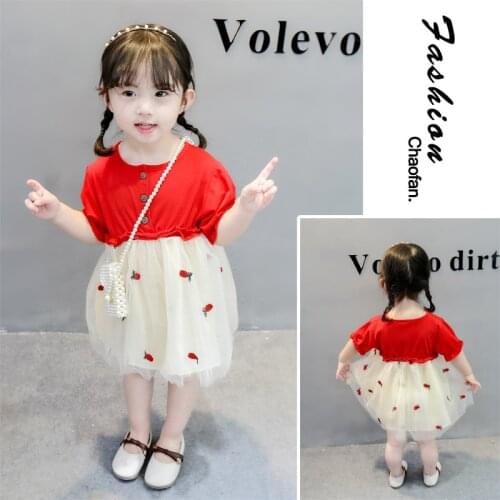 Korean style childrens skirts, summer clothes, girls pineapple embroidery dress, little girl net yarn princess dress