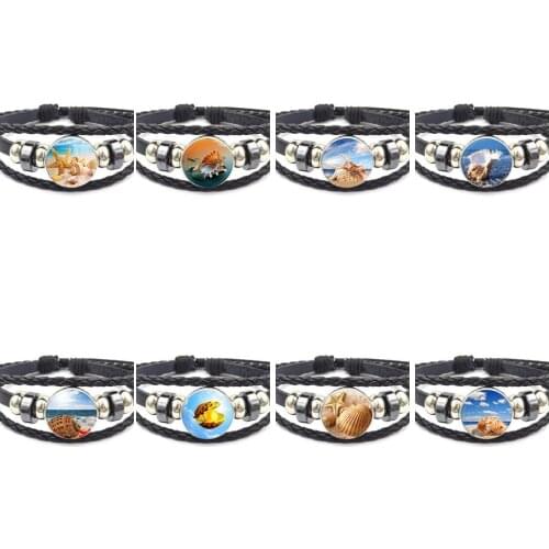 EJ Glaze Vintage Cabochon Colorful Collar Black Leather Bracelet Bangle For Women Kids Gift Starfish Conch Sandbeach
