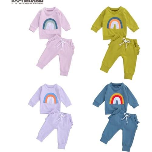 FOCUSNORM Autumn Winter Baby Girl Clothes Sets Rainbow Print Long Sleeve Pullover Sweatshirt Tops Ruffles Pants