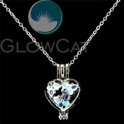 K994 Blue Enamel Insect Butterfly Heart Beads Pearl Cage Perfume Diffuser Pendants Locket Necklace