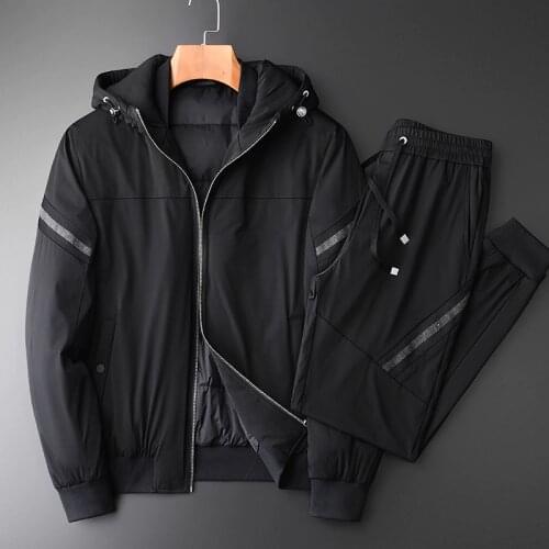 Classic Mens Down Jacket Sets Luxury Winter Thick Hooded White Duck Mens Down Coats 2pcs(jacket+pants) Elastic Waist Mens Pants