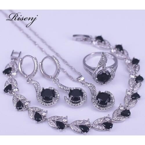 925 silver jewelry set Black Stone White CZ Bridal Jewelry Set Earrings Ring Necklace Bracelet Set Fast Ship