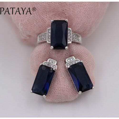 PATAYA New Square Green Natural Zirconia Earrings Ring Sets Women Wedding Party True White Gold Romantic Jewelry Set Multicolor