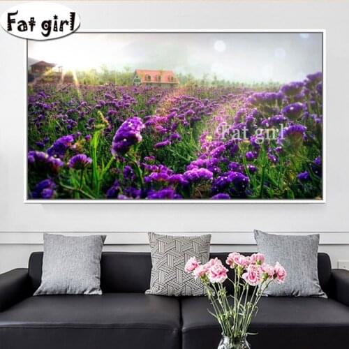 Purple Lavender Landscape in Provence Flowers Full Square Round Stones 3D DIY Diamond Painting Kit Diamond Mosaic Embroidery