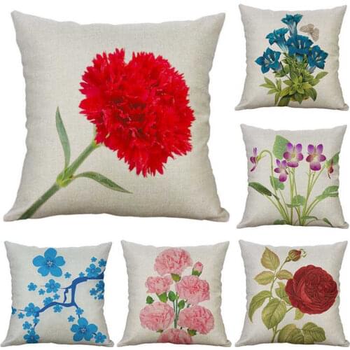 New Rose Peony Flower Pillow Case Cotton Linen Home Print Case Sofa Cushion Cover Decor 18