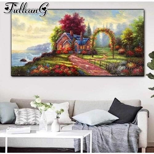 FULLCANG Seaside house scenery large diamond painting 5d diy full square round drill mosaic embroidery sale decoration FC2760