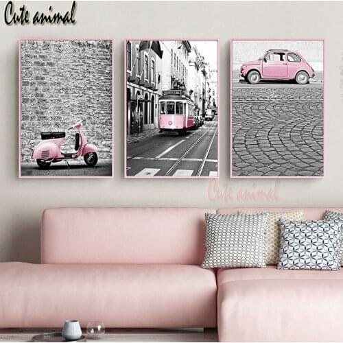 Full drill diamond embroidery Pink Car Bus City street scenery 3d diamond cross stitch 3pcs/set diamond pictures of rhinestones