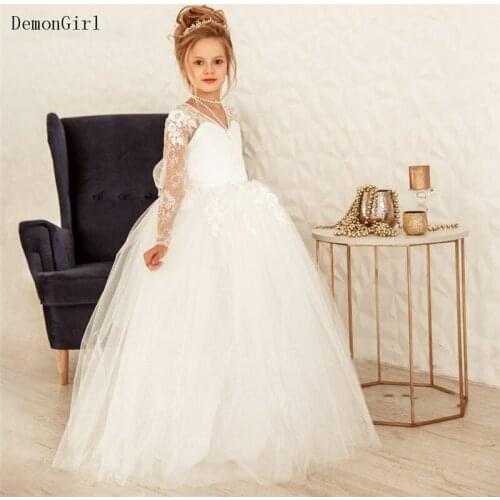 Puffy Tulle Lace Ball Gown Flower Girl Dresses Little Princess Dress Illusion Long Sleeve First Communion Dress