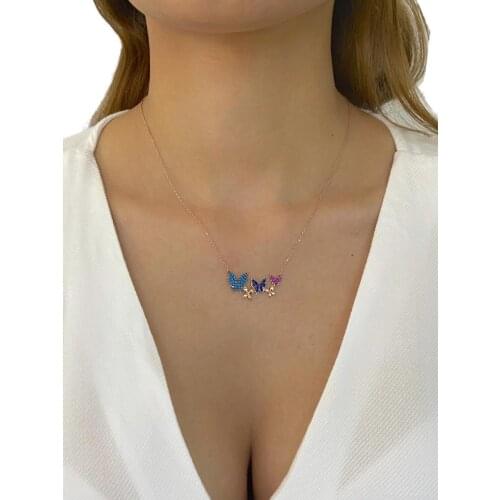 Five Butterfly Multicolor Colorful 925 Silver Necklace