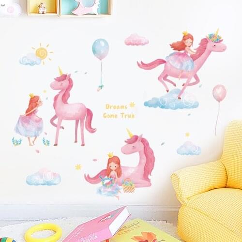 Pink Unicorn Wall Stickers Girls Bedroom Wall Decor Decals Pretty Princess Cartoon Wall Sticker for Kids room Baby room Decor