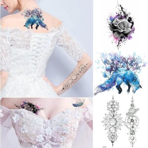 Blue Butterlfy Fox Arm Sleeve Temporary Tattoo Galaxy Purple Rose Flower Planets Tattoo Sticker Body Art Arm Tatoos Geometry