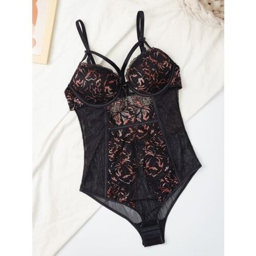 Wriufred One-piece underwear womens small breasts gather lingerie breathable and adjustable sexy lace bra bodysuit