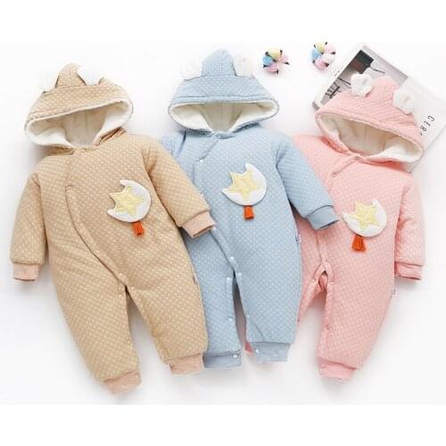 Newborn Baby Boys Girls Cartoon Moon Ears Warm Cotton Hooded Romper Jumpsuit Soft