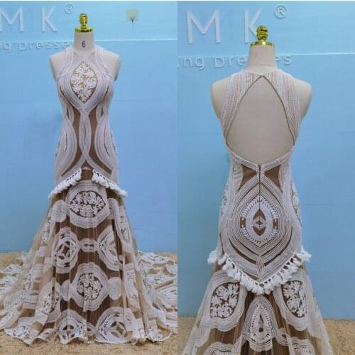 UMK Unique Lace Boho Wedding Dress 2021 Sexy Open Back Mermaid Bridal Gowns Vintage Bohemia Vestido De Noiva