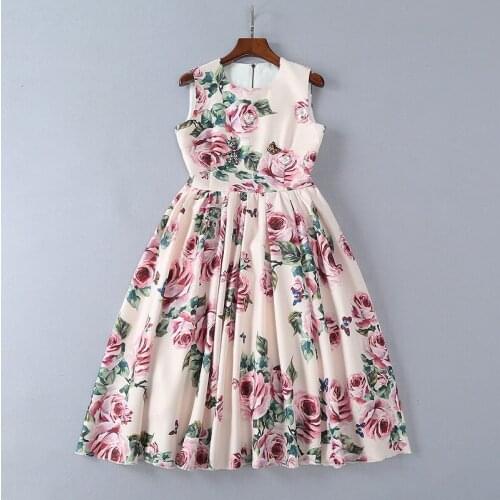 European womens wear 2018 The new summer sleeveless Nail bead Rose printed Vest dress