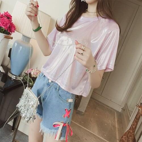 Weweya Solid Shirts Casual O-neck Bright Silk T-shirt Female Short-Sleeved Long Shirt Top