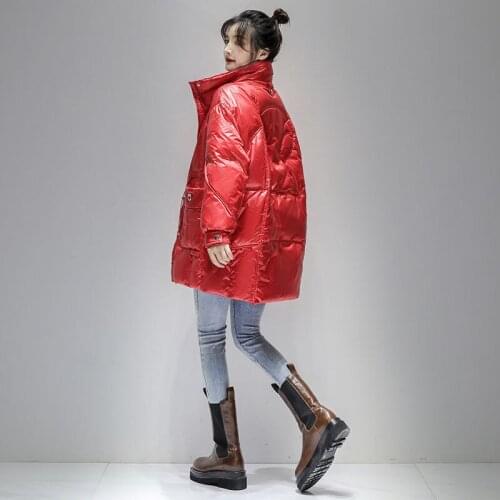 2021 Women Winter Fashion Glossy White Duck Down Jackets Female Loose Solid Color Outwear Ladies Stand Collar Warm Coats E614