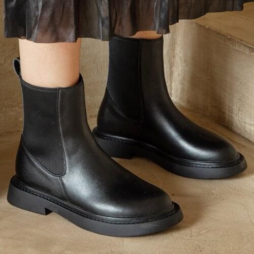 Womens genuine leather elastic patchwork slip-on platform flats chelsea boots round toe casual punk autumn winter warm shoes