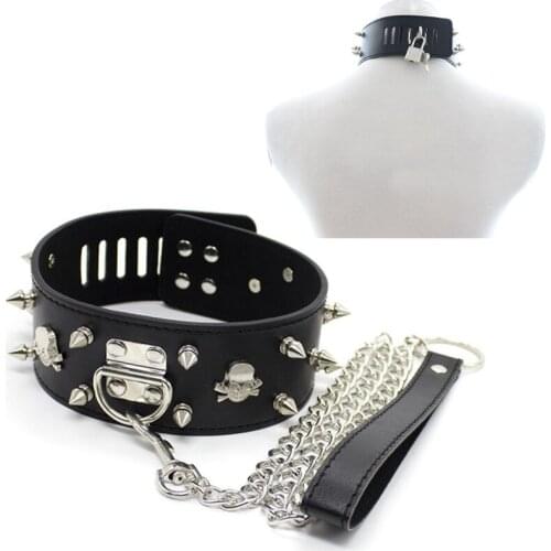 CamaTech PU Leather Metal Rivets Slave Neck Collar Bondage Adjustable Collar Choker With Chain Leash Fetish Necklace Restraints