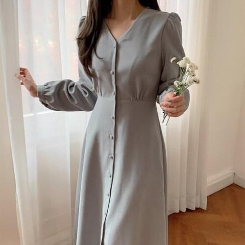 Womens Long Dress 2021Spring Summer Fashion Korea Chic V Neck With Puff Sleeves Single Breasted Button Elegant Long Shirt Dress