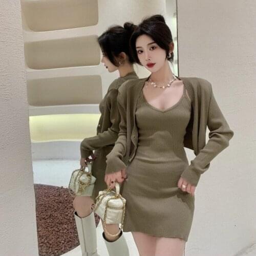 Spring Autumn Two-piece Suit V-neck Knitted Spaghetti Strap Dresses Women Sexy Style Bodycon Dress Slim Camisole Fashion New