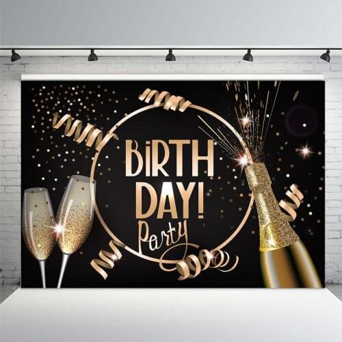 Golden Black Happy Birthday Backdrops Foradults Children Gold Balloon Cheers Birthday Background Champagne Glitter Wave Point