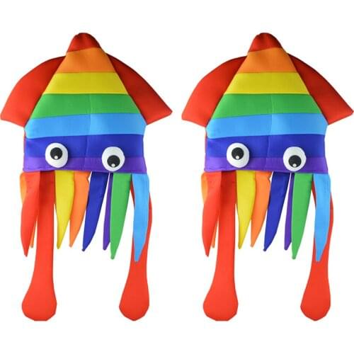 2Pcs Cute Rainbow Squid Hat Funny Crazy Party Hats Sea Animal Octopus Caps Headdress For Halloween Party