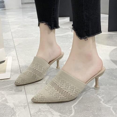 2021 pointed toe knitting fashion ladies half high heel high heel shoes lazy casual women slippers sandals and slippers sandals