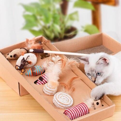 7pcs Cat Toy Suit Bell Feather Wood Pole Paper Rope and Cotton Linen Toys Feather Ticking Cat Stick Pet Supplies Cat Toy Set