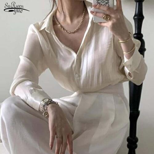 Vintage Blouse Women Autumn Fashion Button Up Satin Silk Shirt White Lady Long Sleeves Female Korean Loose Street Shirts 11971