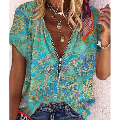 Womens Summer Vintage Zipper Blouse Retro Print V-neck Zipper Short Sleeve Loose Shirt Blouse Ladies Casual Breathable Tops