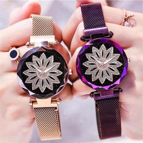 Hot Sale Women Magnet Buckle Starry Sky Flower Watch Luxury Ladies Stainless Steel Quartz Watch Gift Clock