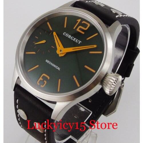 CORGEUT Manual Mechanical Men Wristwatch Brushed Case 17 Jewels 6497 Movement Green Dial Leather Band Seeing Through Back