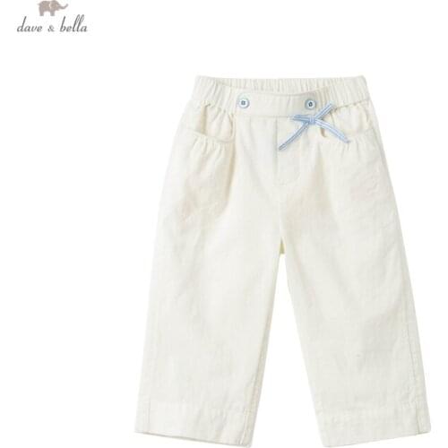 DKS16941-2 dave bella summer 5Y-13Y kids girls fashion bow solid pockets pants children boutique casual calf-length pants