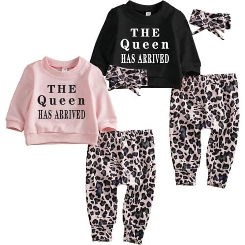 0-24M Newborn Baby Girls Boys Clothes Sets Letter Long Sleeve Pullover Sweatshirt Tops Leopard Pants Headband